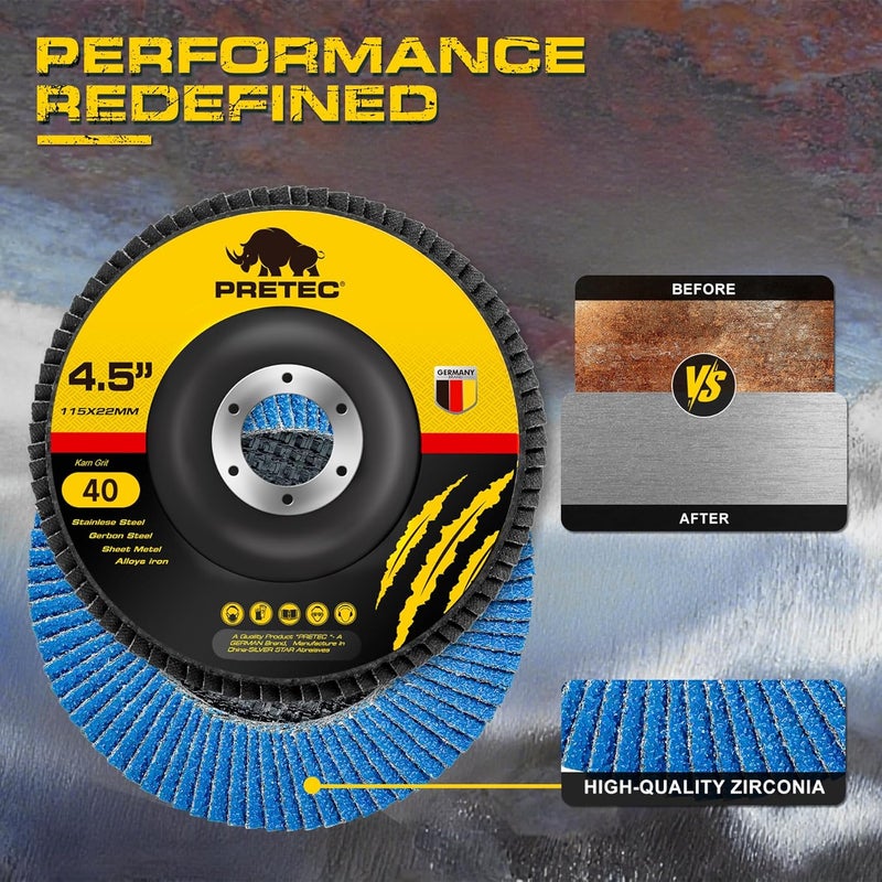 PRETEC Flap Discs 4 1/2 for Angle Grinder, 40 Pcs Flap Discs 40/60/80/120 Grit, 4.5" x 7/8" High Density Zirconia Type 27 Flap Sanding Disc for Grinding, Rust Removal, Sanding and Finishing - 40Packs - Image 5